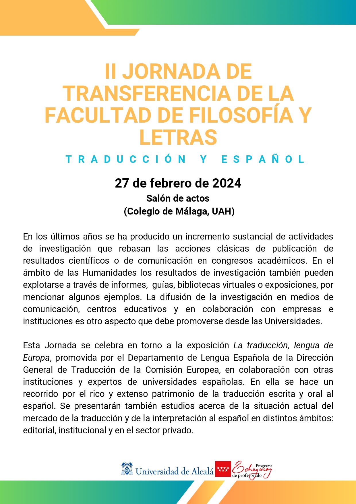II Jornada de transferencia de la Facultad de Filosofía y Letras: traducción y español