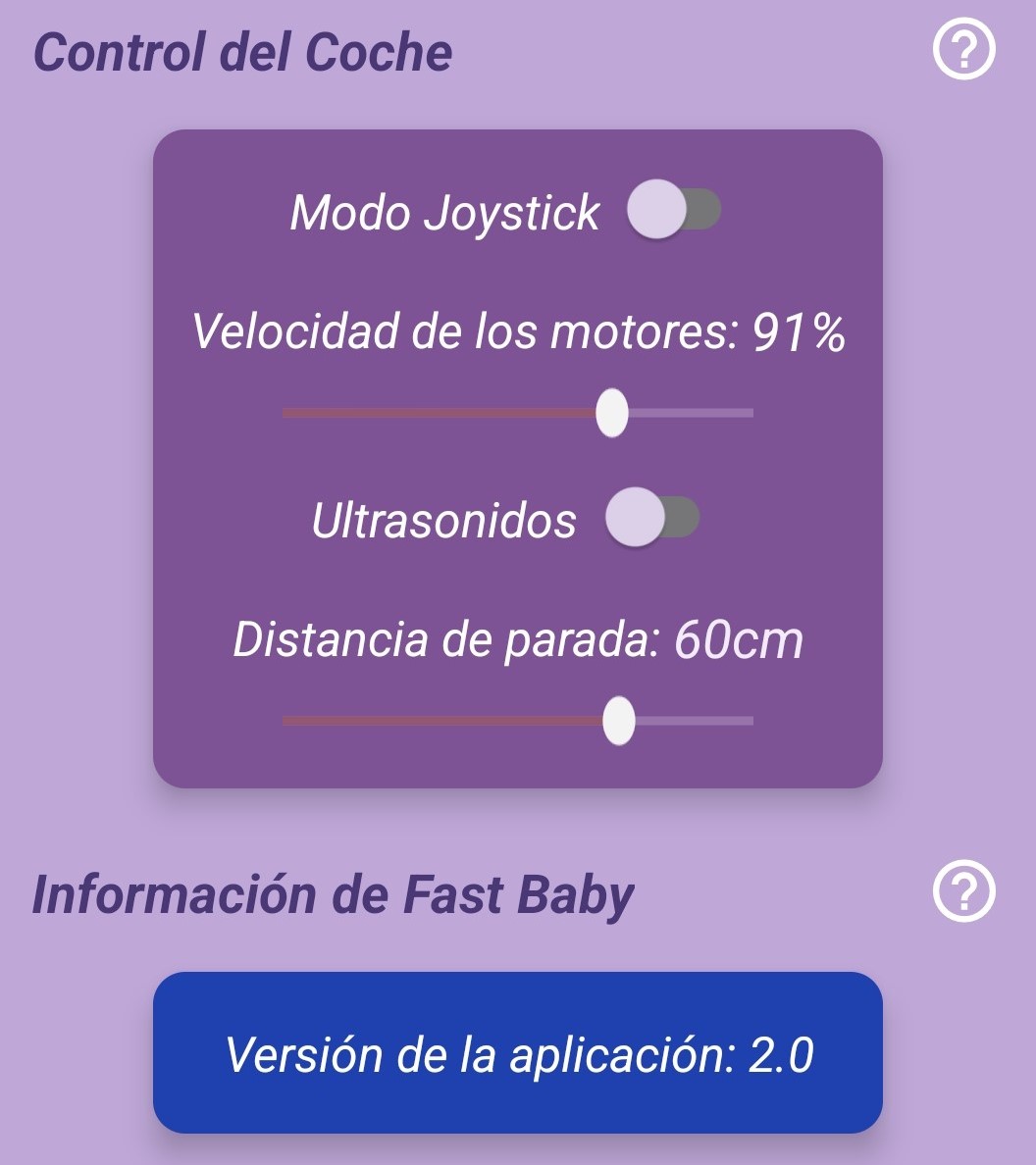 Imagen de la configuración del vehículo. En esta, se observa el modo joystick, la velocidad de los motores, la habilitación de ultrasonidos y su distancia de parada.