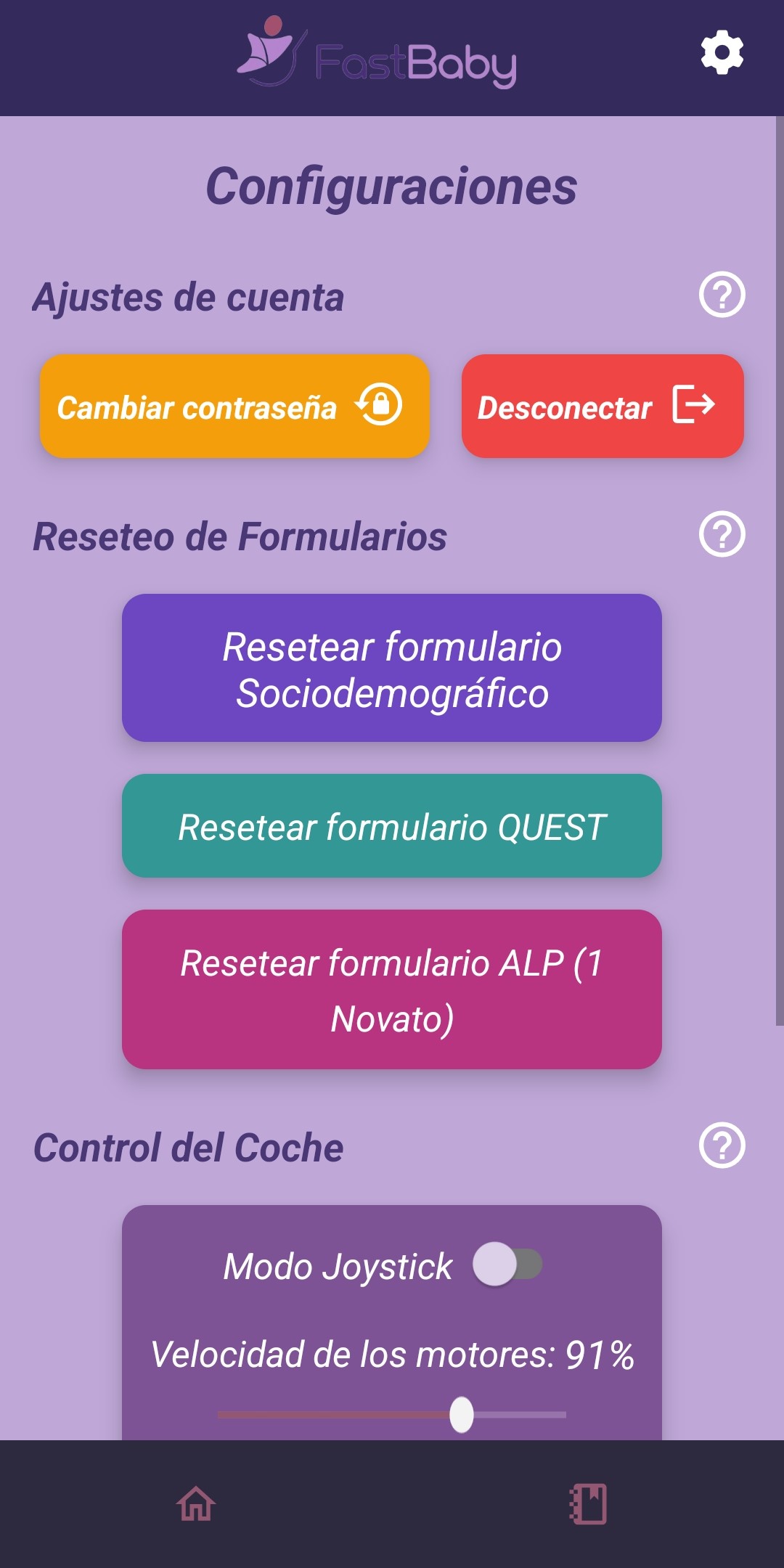 Fotografía de la pantalla inicial al introducirse en la sección de configuración de la app.