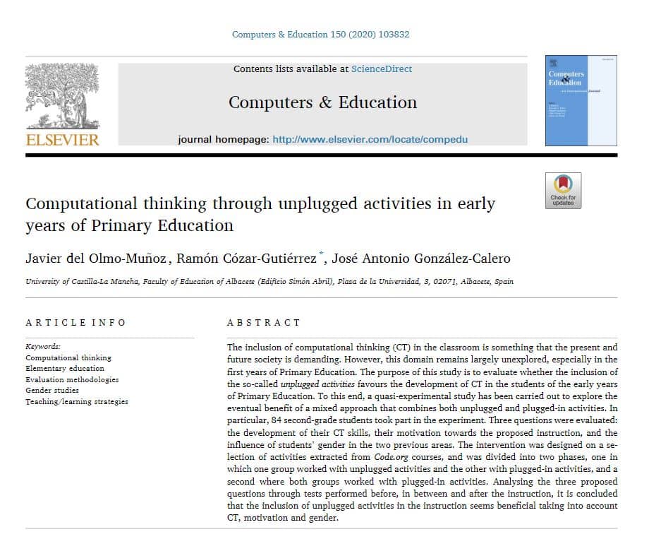 New paper: Computational thinking through unplugged activities in early years of Primary Education