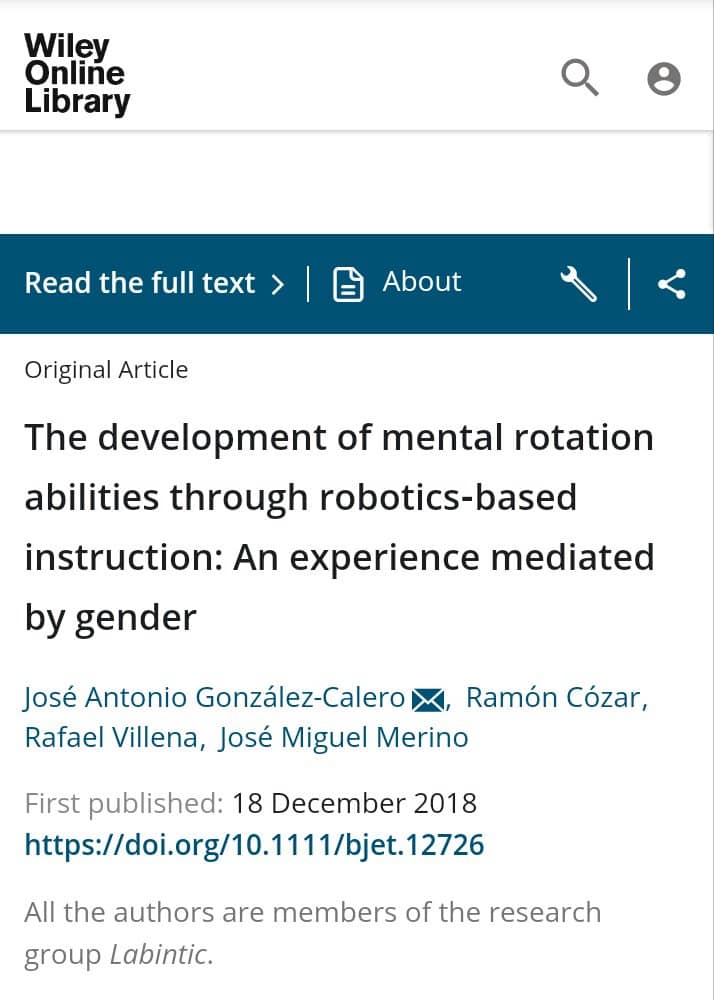 NUEVO ARTÍCULO JCR Q1: The development of mental rotation abilities through robotics-based instruction. An experience mediated by gender