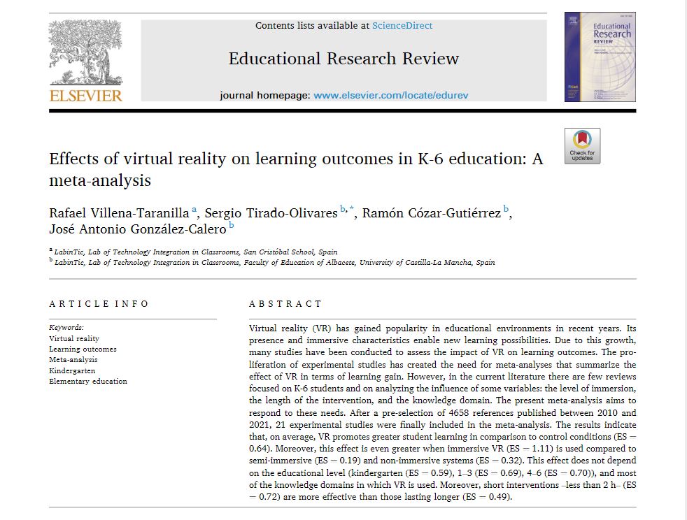 #NewPaper Effects of virtual reality on learning outcomes in K-6 education: A meta-analysis.